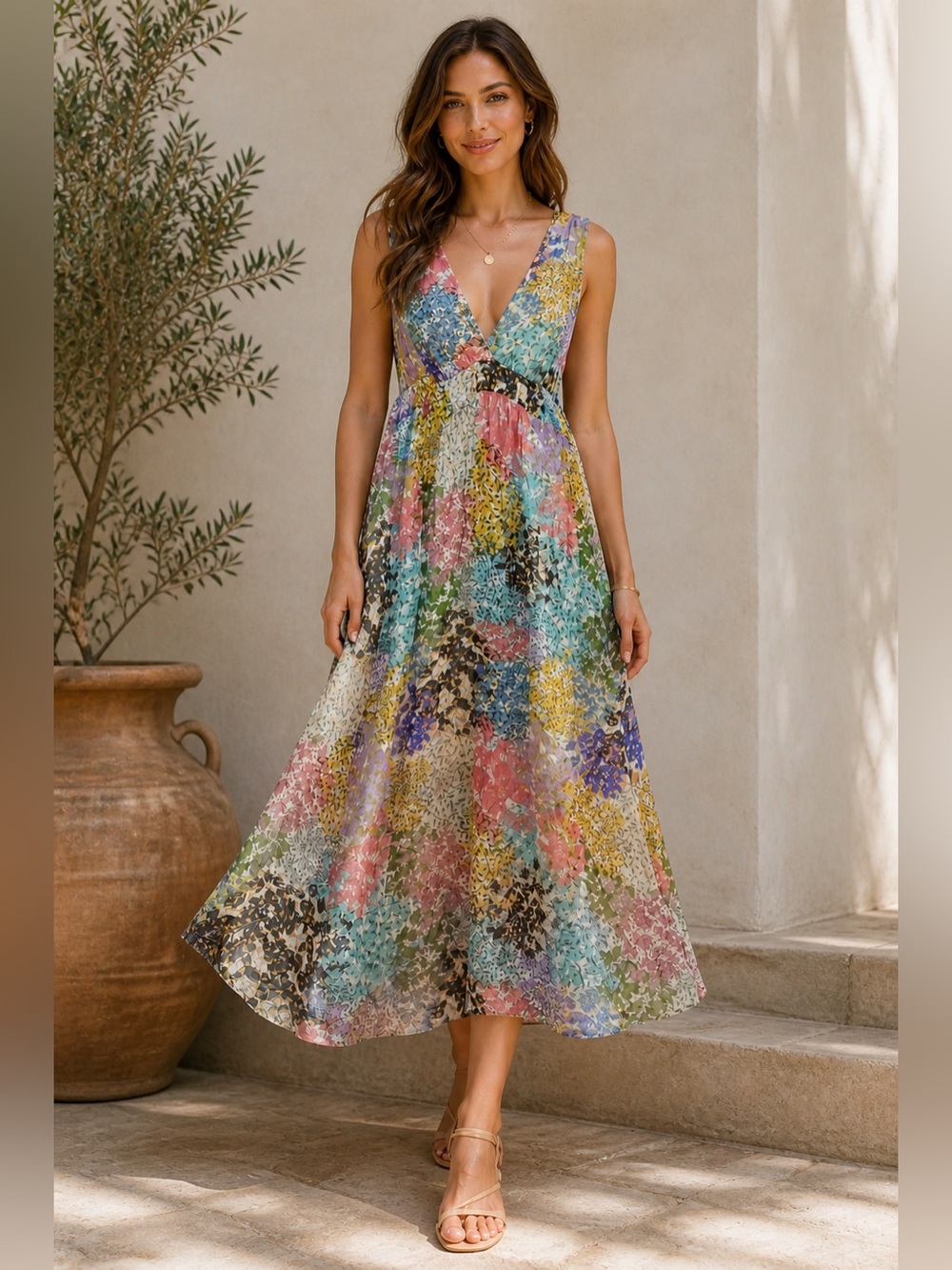 ✨LOLA Italy Silk Blend Floral‎ Patchwork Midi Dress Size M✨